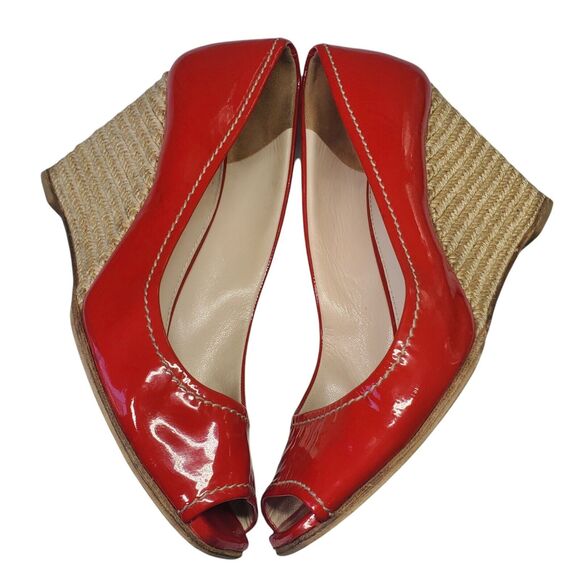 Prada Red Patent Leather Wedge Peep Toe Heels Women Shoe 36.5 US 6.5 - Picture 4 of 12